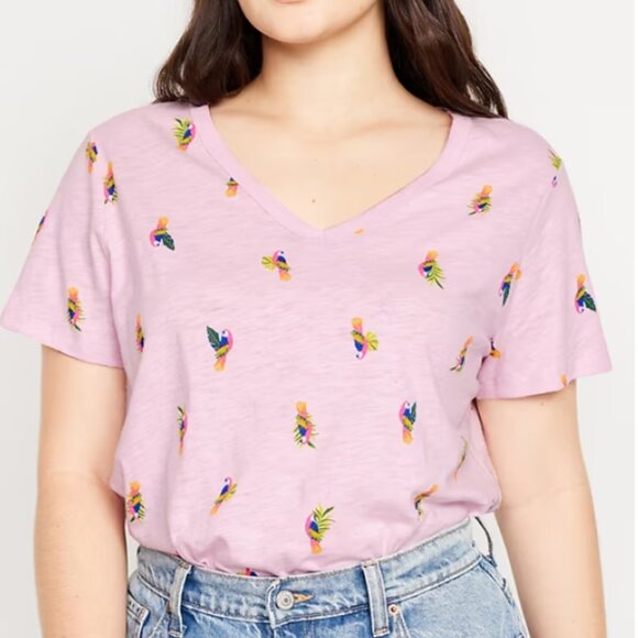 NWT Old Navy Soft EveryWear Printed V-Neck Tee T-Shirt Parrots Pink Women Large - Picture 4 of 5